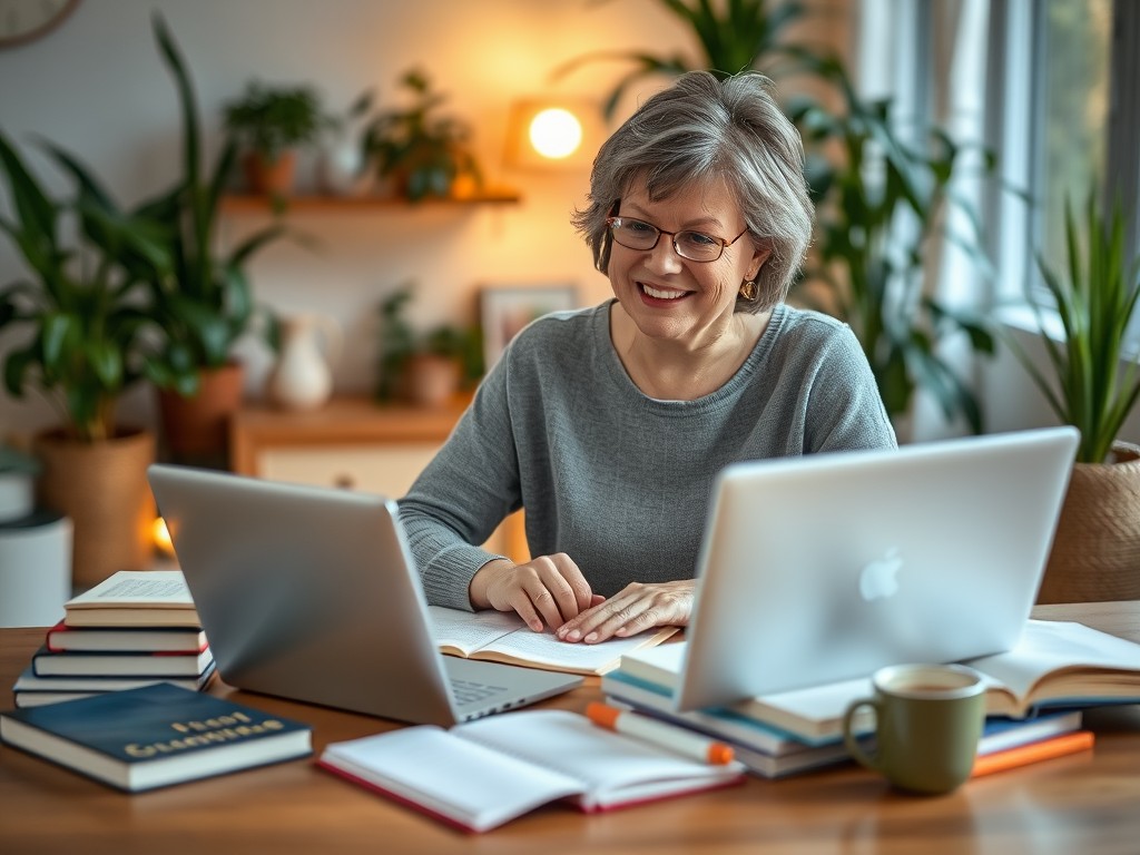 A_woman_in_her_40s_engaged_in_learning_sitting_at_a_desk_with_a_laptop_open_in_front_of_her_surrounded_by_books_and_notepads_She_has_an_enthusiastic_expression_with_a_cup_of_coffee_beside_her_The_background_feat.jpeg