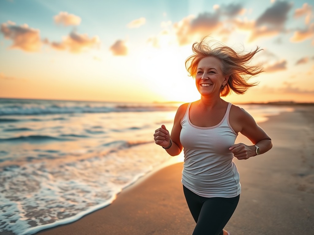 A_woman_over_40_running_along_a_beautiful_beach_during_sunrise_She_has_an_expression_of_joy_and_determination_her_hair_flowing_in_the_wind_The_beach_is_serene_with_gentle_waves_lapping_at_the_shore_and_a_colorfu.jpeg