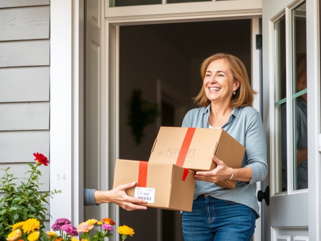 A_middle_aged_woman_happily_receiving_a_package_at_her_doorstep_She_has_a_joyful_expression_dressed_in_casual_home_attire_The_package_is_from_a_delivery_service_and_the_setting_is_a_bright_welcoming_entrance_wit.jpeg