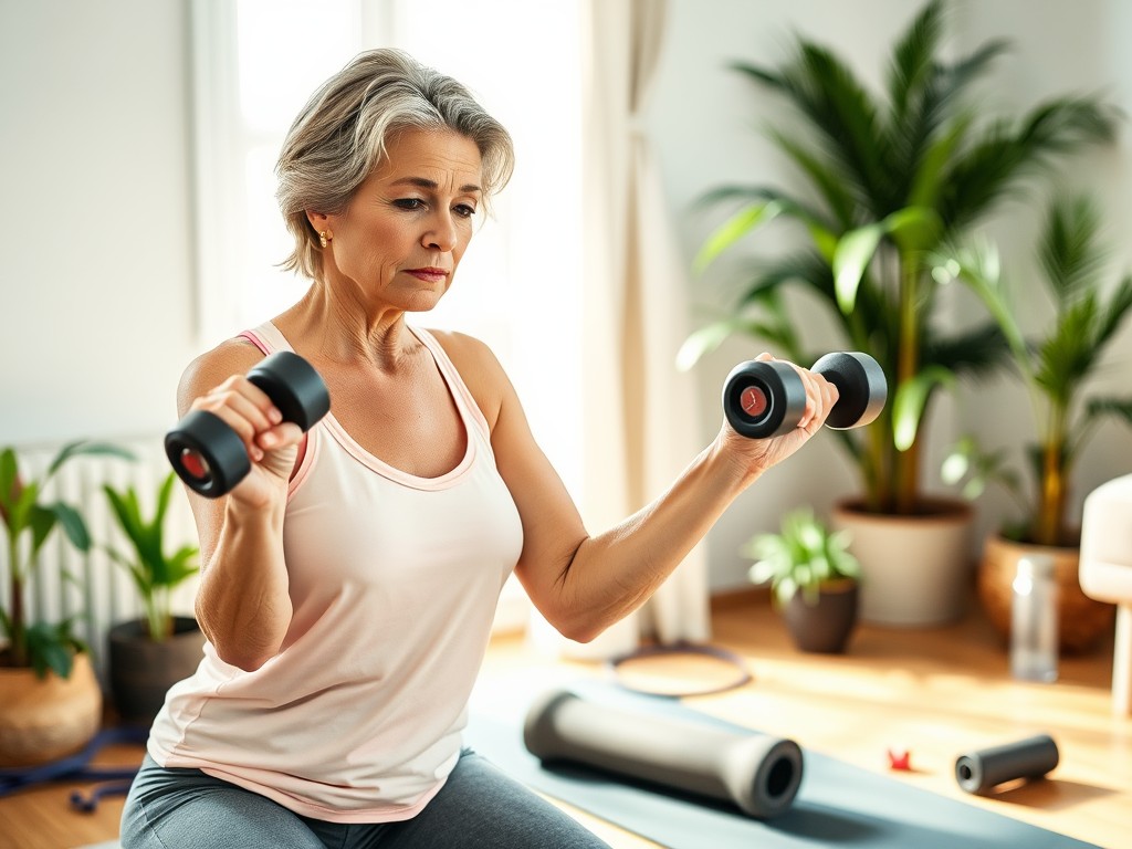 A_middle_aged_woman_exercising_at_home_using_dumbbells_and_a_yoga_mat_She_has_a_focused_expression_wearing_comfortable_workout_clothes_The_room_is_bright_and_inviting_decorated_with_plants_and_fitness_equipment_.jpeg